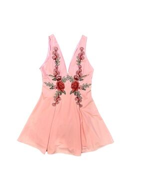 Elegant Pink v-neck floral mini dress with red rose and greenery embroidery